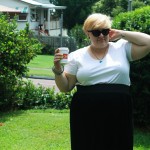 Photo of me wearing the t-shirt tucked into my skirt