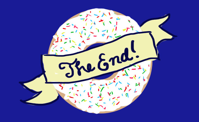 An illustration of a vanilla iced donut with a banner saying "The End" wrapping around it. 