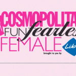 A very pink graphic that says Cosmopolitan Fun Fearless Female with a silhouette of a thin pink woman and the Libra logo.