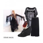 A collage of images including: a photo of Stevie Nicks wearing a black sheer shawl and drapey black dress, standing with her arms outstretched; a black loose knitted tunic; a black maxi skirt; a suede wedge lace up ankle boot; and a brown/red stone ring.