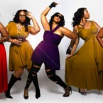 A photoshopped photo of Mia Amber Davis wearing Monif C dresses in various colours and posed in different, amazing ways.