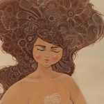 A detail photo of a painting of a fat lady with big hair full of paisley.