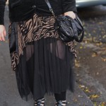 A photo of the lower half of my outfit, showing the animal print dip hem dress cascading of the sheer skirt. The mesh cut out leggings permit a salacious peek at my thighs.
