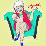 An illustration of Differnatalie in bright fluro colours sitting on a fancy chair, with short white hair, tattoos, a short pink dress and fishnets.