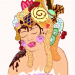 A digitally coloured illustration of a fat girl with pastry for hair and dripping icing for cheeks licks her top lip. Because she is the Pastry Queen!