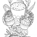 A pen drawing of a chai latte surrounded by cupcakes, cinnamon sticks, tea leaves, ginger plants and plaits weaving around them all.