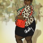 Image - illustration of afrotitty, a fat brown skinned babe, wearing an animal print sweater and a short black skirt with black fishnet tights and flat shoes, carrying a bright red bag.
