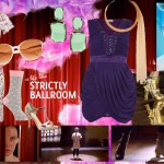 A collage of Strictly Ballroom inspired amazingness, including caps from the movie, Fran's nightie/ socks/ heels outfit and a glam purple, gold and green outfit.