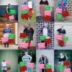 A collage of lots of outfit photos of me with a green, red and pink Cambridge Satchel pasted over every outfit.