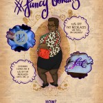 A graphic with an illustration of afrotitty and photos of an ivory No Diet Talk brooch and purple hologram Fat necklace. Text follows: