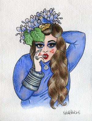 A coloured pencil and watercolour drawing of Domonique, a white skinned babe with long brown hair and wears a hat blue flowers with a bird and nest in it. She poses with one hand behind her head and the other in front of her dramatically made up face.