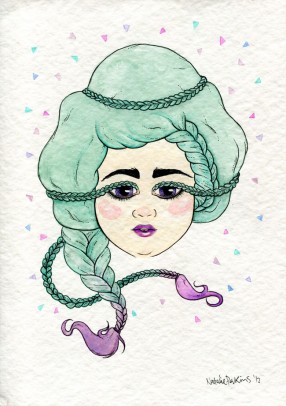 A watercolour and ink illustration of a green/ purple gradient haired babe with braids and eyelashes so long they can be braided around their head.