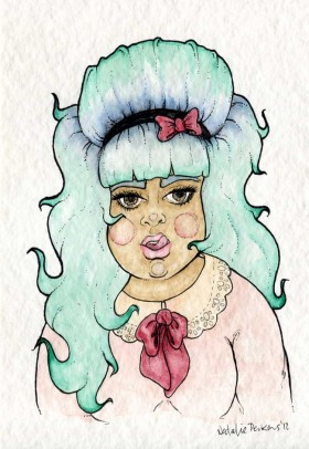A watercolour and ink illustration of a beehived green/blue haired babe wearing a pink top with a doily collar and red bow as they lick their upper lip.