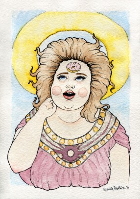A watercolour and ink illustration of a fat white skinned woman with brown hair looking towards the donut on her forehead. A bright halo surrounds her head.