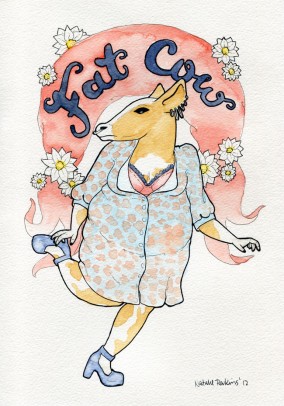 A watercolour and ink illustration of a fat person with a cow head wearing a floral dress and platform heels in some kind of glamorous running pose. A daisy strewn banner overhead says Fat Cow.