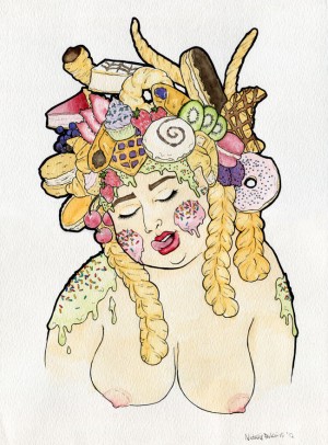 A watercolour and ink illustration of a white skinned woman wearing an assortment of pastry delicacies on her head in place of hair as she licks her upper lip.