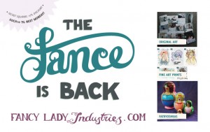 A graphic with "The fance is back" in hand lettering, with three thumbnails images of original artworks, fine art prints and a set of matryoshka dolls. There's also a sneaky 10% discount code - OUCH10.