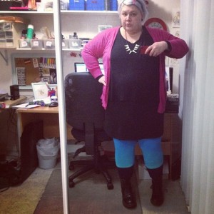 I wear a black slip, black tee, pink cardigan, turquoise leggings, navy socks and Docs. Also a teeth necklace I made.