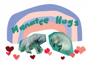 Illustration with two roughly cut out photos of manatees that look like they're about to embrace with "Manatee hugs" above them.
