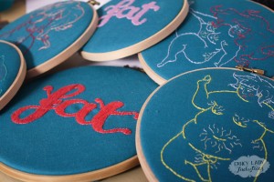 Four of my Buoyant embroideries and two saying "fat".