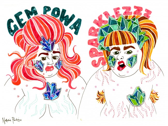 Marker drawing of two fat people with gem adornments.