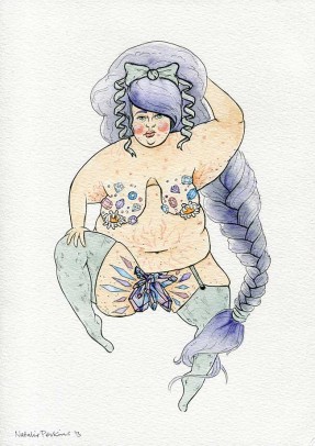 Watercolour and ink illustration of a fat babe with gems on their chest, legs open to reveal shining crystals and a long lilac plait that twists around a mint stockinged leg.