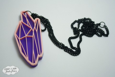 Crystal Powa necklace - Baby pink laser cut acrylic crystal facets on top of frosted purple pendant, on a long black chain. Also available in black and mirror, and black and gold glitter.