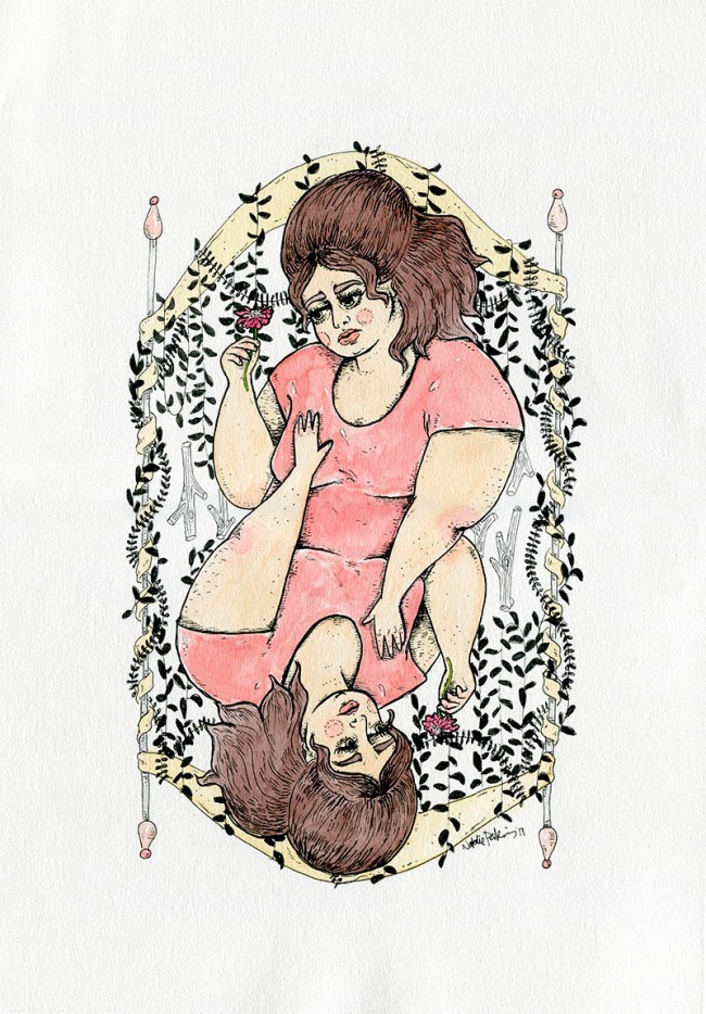 A watercolour and ink illustration depicting a fat white woman with brown hair holding a pink flower reflected in the style of a Queen card in a deck of cards. A banner entwined with leaves and some twigs are in the background framing the vertically reflected figure.