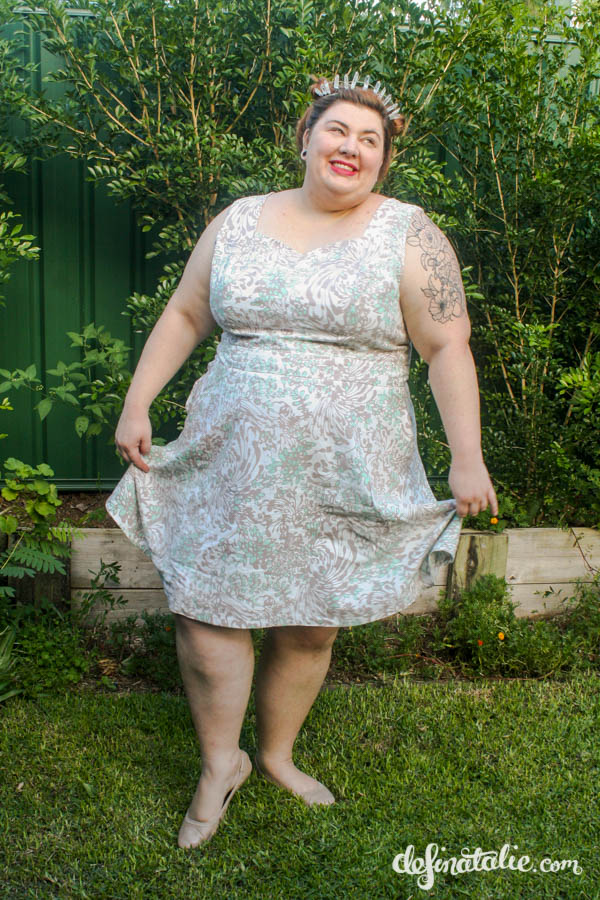 Whimsically modelling my Jacaranda dress, a sleeveless princess seamed bodice with a sweetheart neckline and a half circle knee length skirt.