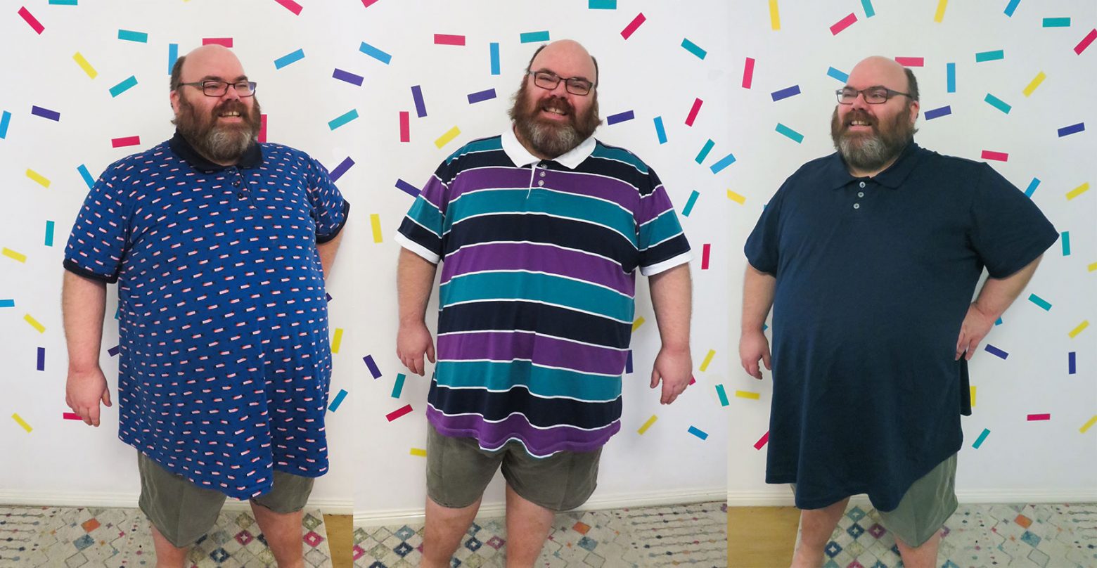 I cut up one of Nick’s polo shirts to clone it, because clothes for larger plus size men don’t exist.